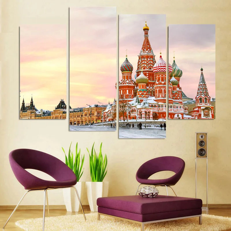 

Fashion 4 Panels Cuadros Decoracion Church of Moscow Canvas Print Oil Painting Home Decor Wall Art Picture For Room No Frame