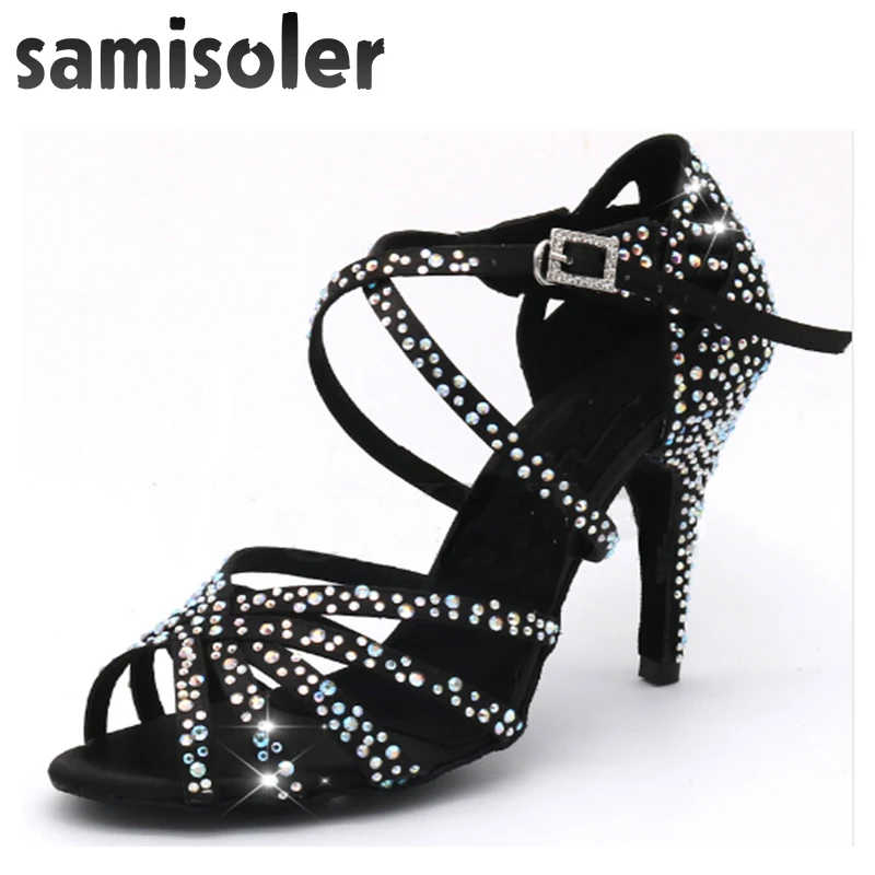 Samisoler Latin Dance Shoes Women with Black Satin tango jazz Salsa Rhinestone Shoes Dance For Women Ballroom Dancing Shoes Hig