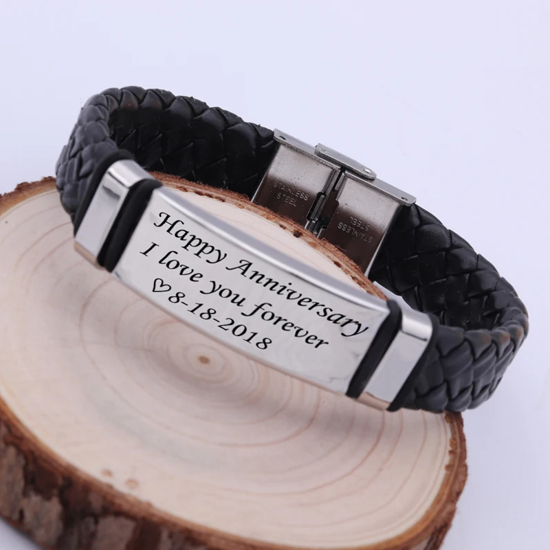 Leather Bracelet Men Gift Engraved Happy Anniversary Custom Date Keepsake Present I Love You Forever Couple Lover Boyfriend |