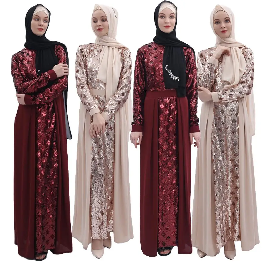 

Dubai Sequin Kaftan Muslim Abaya Maxi Party Dress Arab Jilbab Robe Gown Elegant Islamic Clothing O-neck Patchwork Dress Fashion