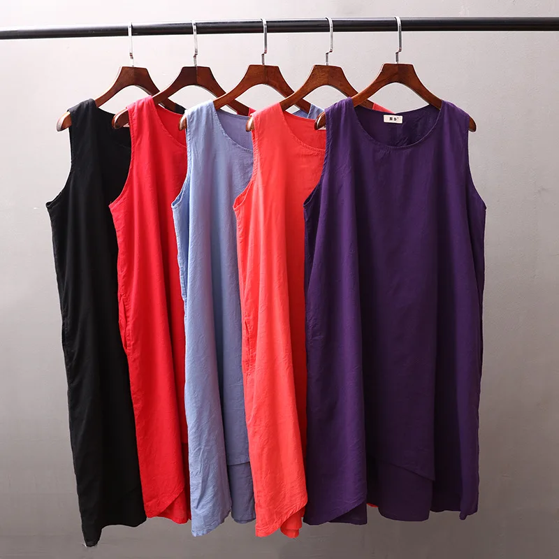 Женское хлопковое льняное платье без рукавов летнее однотонное майка простой