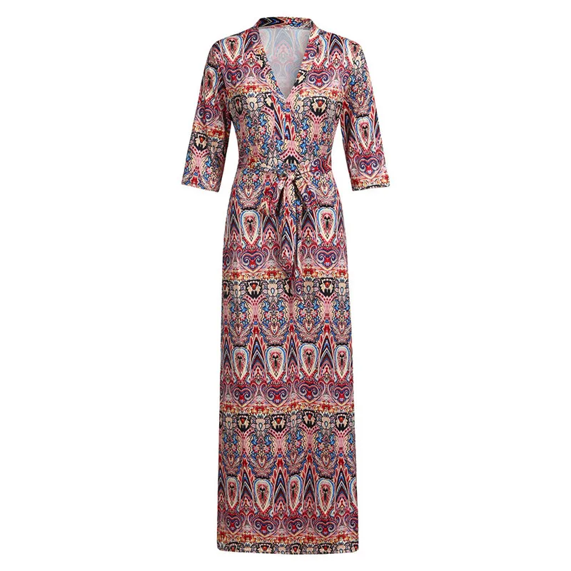 2019 Women's Summer Casual High Waist Bohemian National Wind Dress Print V-neck Bow Short Sleeve Q0129 | Женская одежда