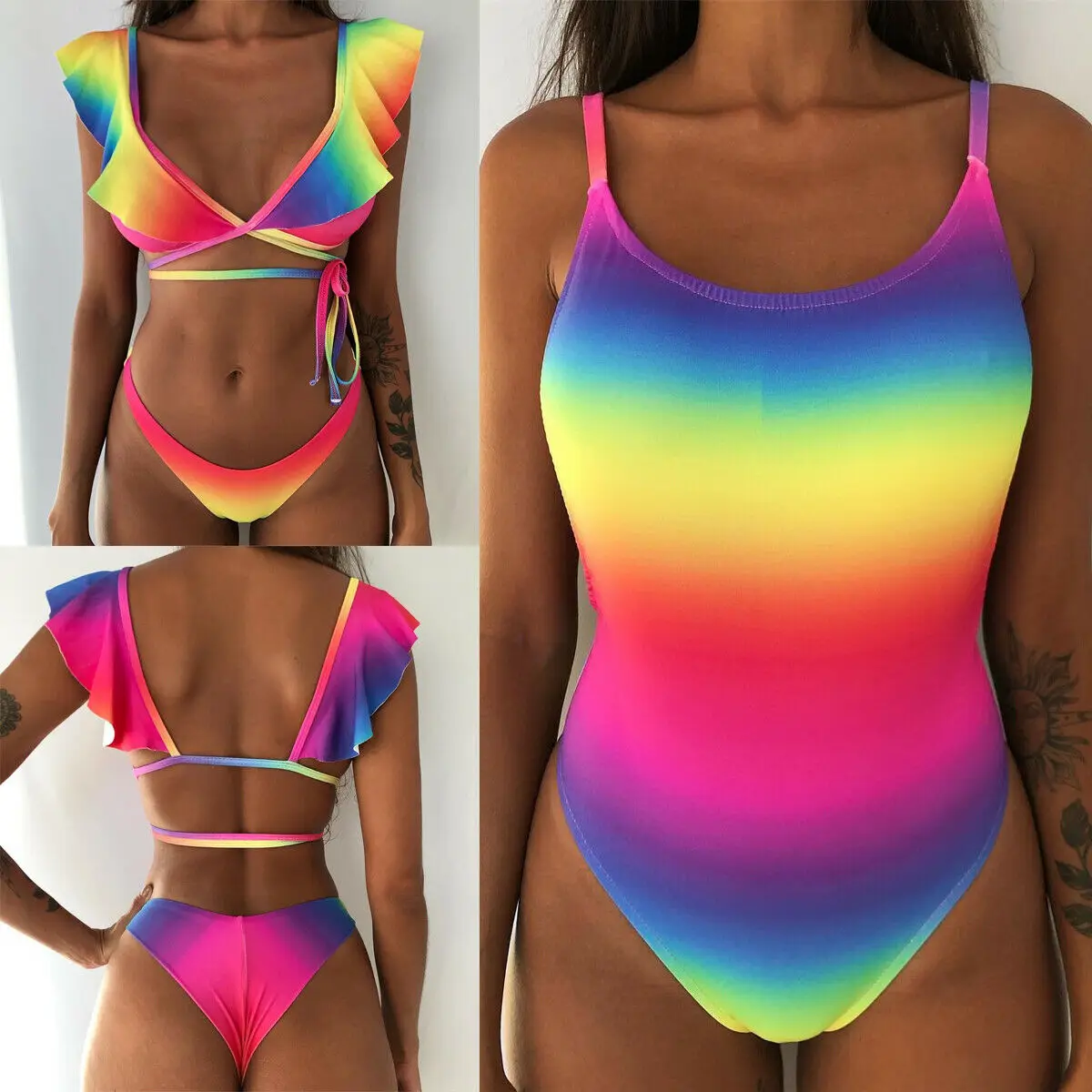 NEW Summer Mujer Women Padded Bikini Set Brazilian Monokini Printed Colorful Ruffle Swimwear Swimsuit Bathing Suit Maillot Femme | Спорт и