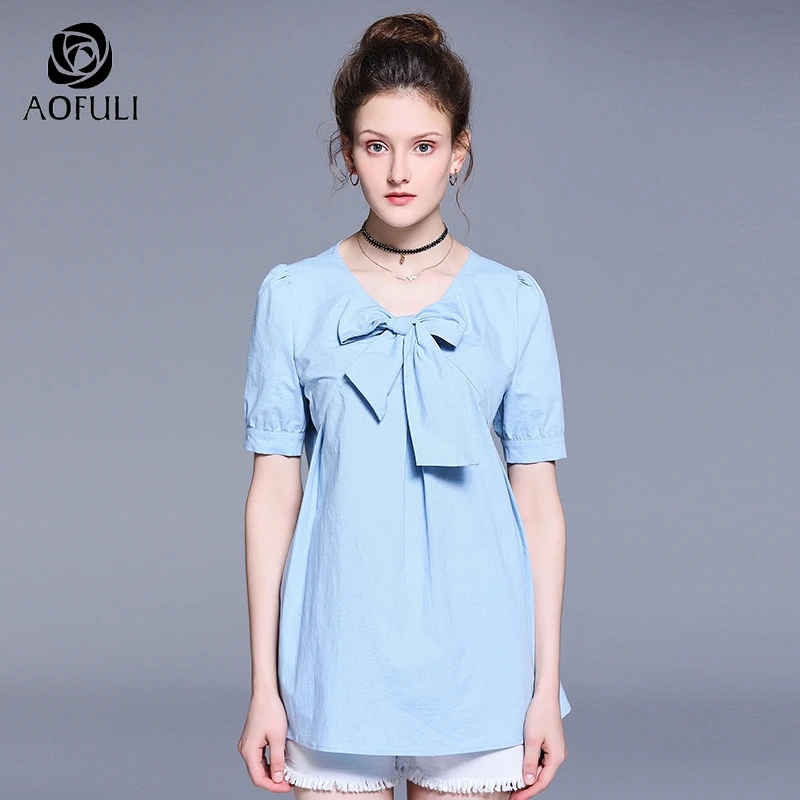 Женская блузка с бабочкой AOFULI L ~ 4XL 5XL Повседневная Свободная короткими рукавами