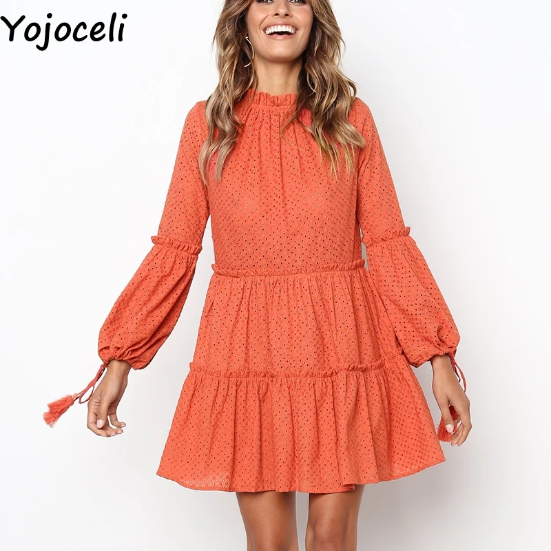 Yojoceli Lace tassel ruffle dress women Autumn party short sexy female vestidos Bow elegant daily | Женская одежда