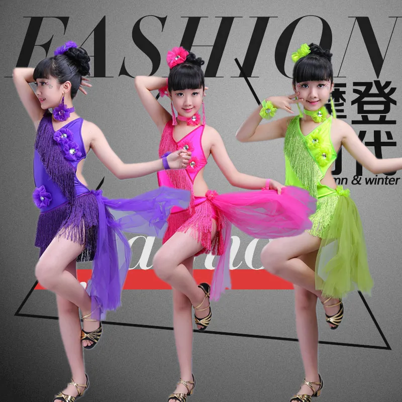 Детское бальное платье с кисточками для танго сальсы и ча бахромой пайетками