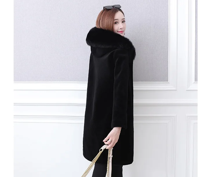 UHYTGF высококачественный, из овчины, зимняя шуба, женская мода, имитация лисьего меха, воротник с капюшоном, теплая длинная куртка, Женская S-5XL95