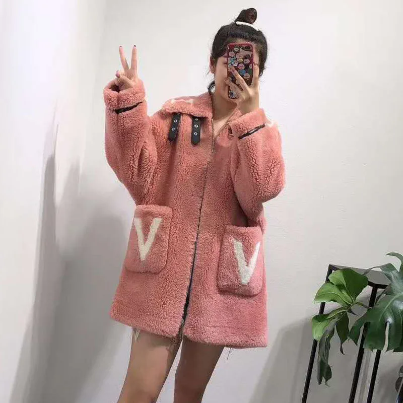 women winter jacket new female sheep fur coat plus size wool blends parka real fur Moto& Biker pink clothes Letter Pattern