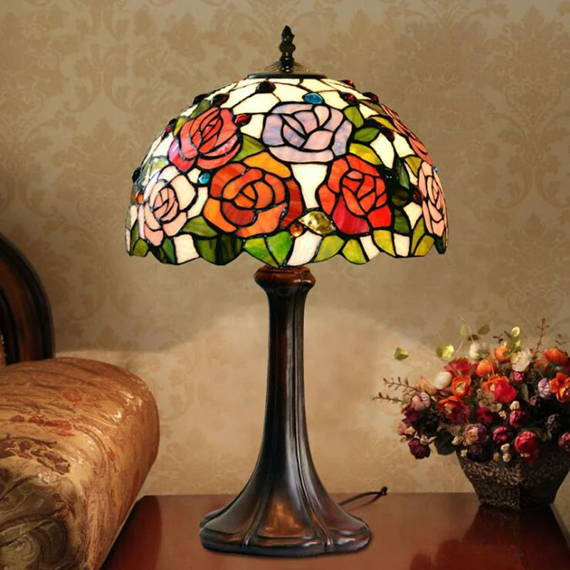 

Antique Nordic Art Deco Turkish Mosaic Rustic Stained Glass Red Bedroom Bedside Desk office Table Lamp Light For Living Bed Room