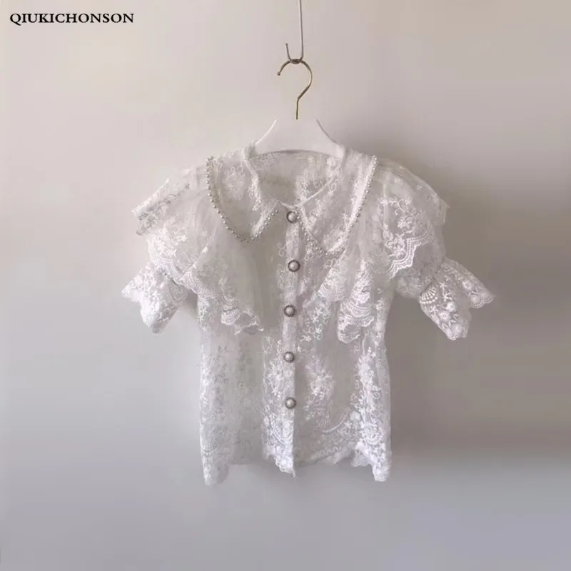 

Korean Fashion Women Kawaii Peter pan Collar Beading Floral Embroidery Lace Blouses Ladies Sheer Mesh Top Ruffle Lace Shirts