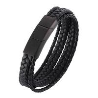 punk men jewelry black multilayer braided leather rope bracelet magnetic buckle bracelet for man bangle length adjustable ph507
