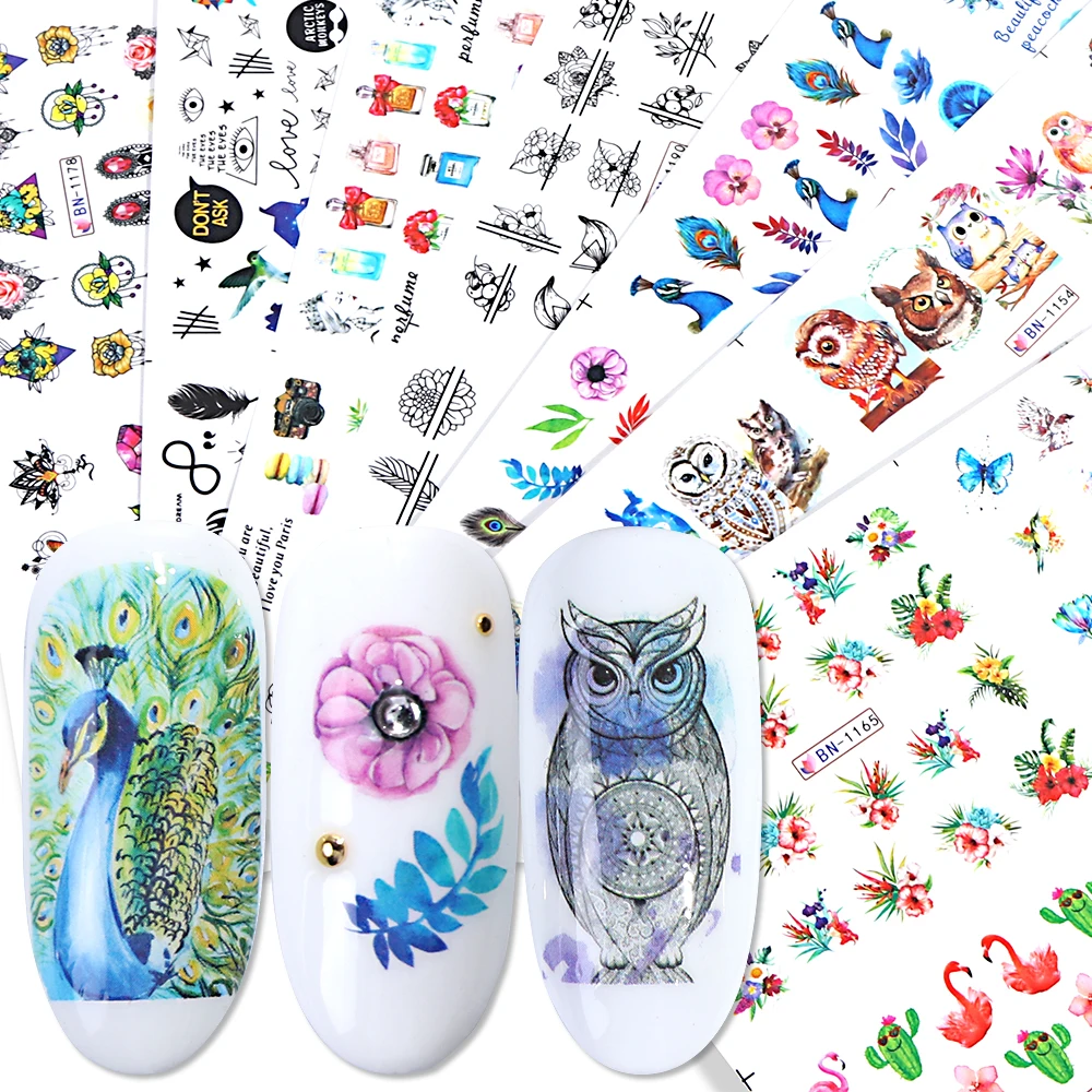

84 Designs Stickers for Nails Watercolor Decals Cartoon Owl Peacock Tiger Black Flowers Starry Sky Romance Sliders BEBN1129-1212