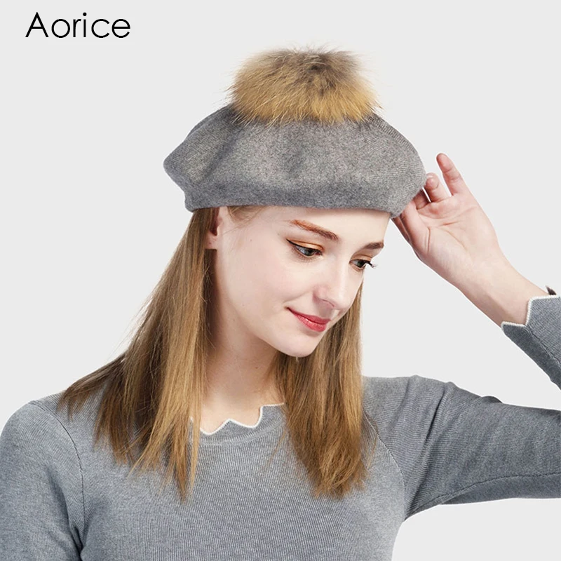Aorice Winter Solid Knited Beanies French Artist Cap With Fur Ball Detachable Women Girl Men Caps Pompom Female Brand Hats HK706