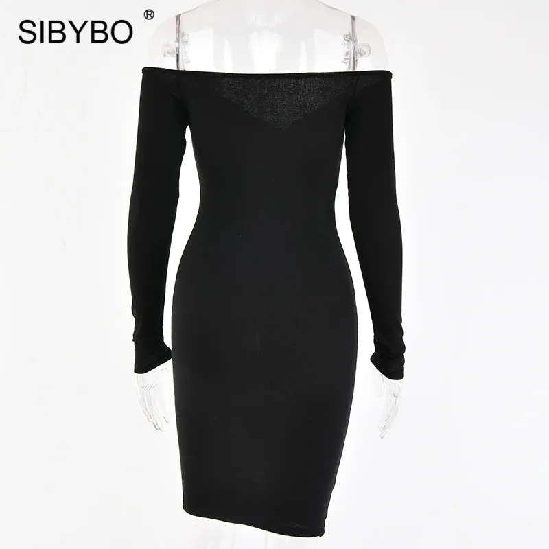 Sibybo, без бретелек, однобортное, сексуальное платье для женщин, осень, с открытыми плечами, с длинным рукавом, повседневное, бодикон, платье с открытой спиной, Клубные, вечерние платья