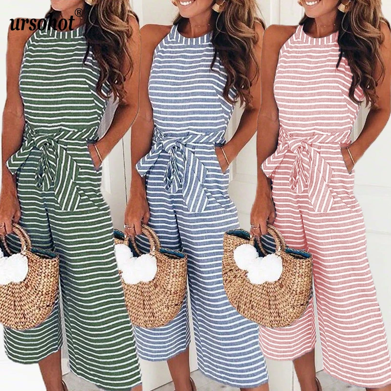 Ursohot Fashion Slim Striped Jumpsuit Female Halter Bandage With Belt Loose Sleeveless Rompers O Neck Overalls For Women 2018 | Женская