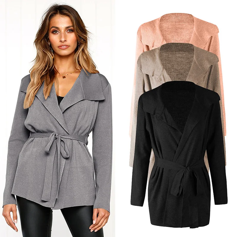 Женское трикотажное пальто с поясом однотонное повседневное длинным рукавом и