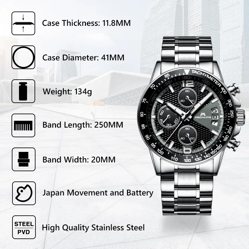 Мегалитическая Для мужчин часы с секундомером и календарем Водонепроницаемый