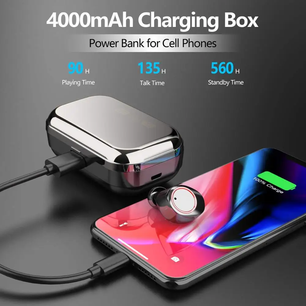 4000 мАч настоящие беспроводные наушники, Bluetooth наушники 5,0, сенсорное управление IPX7 водонепроницаемый Встроенный микрофон в ухо спортивные наушники
