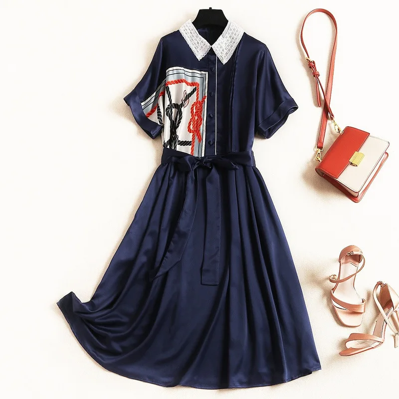 

Europe 2019 Plus Size Fashion Office Korean Summer Lace Collar Short Sleeve Printed Sashes Bowknot Women Pink Satin Dress