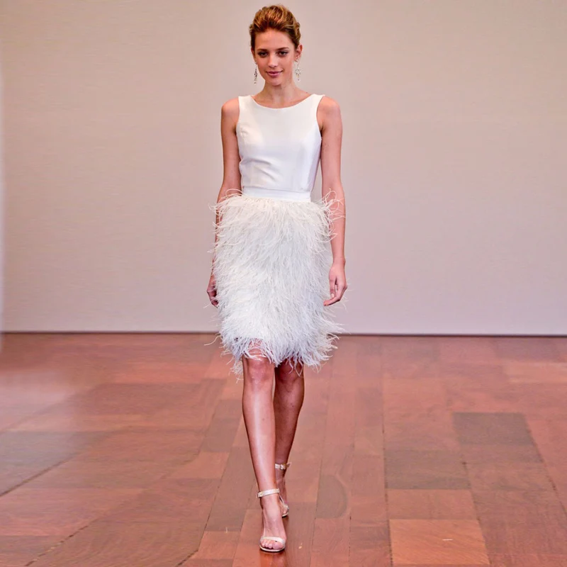 High Street Fashion White Feather Skirt Custom Made Elastic Waist Knee Length Full Feathers Midi Skirt Banquet Prom Party Skirt