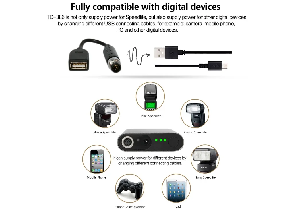 For Sony A7 A7II Camera Flash Yongnuo Pixel or other equipment USB port TD-386 High Quality Flash External Power Battery Pack