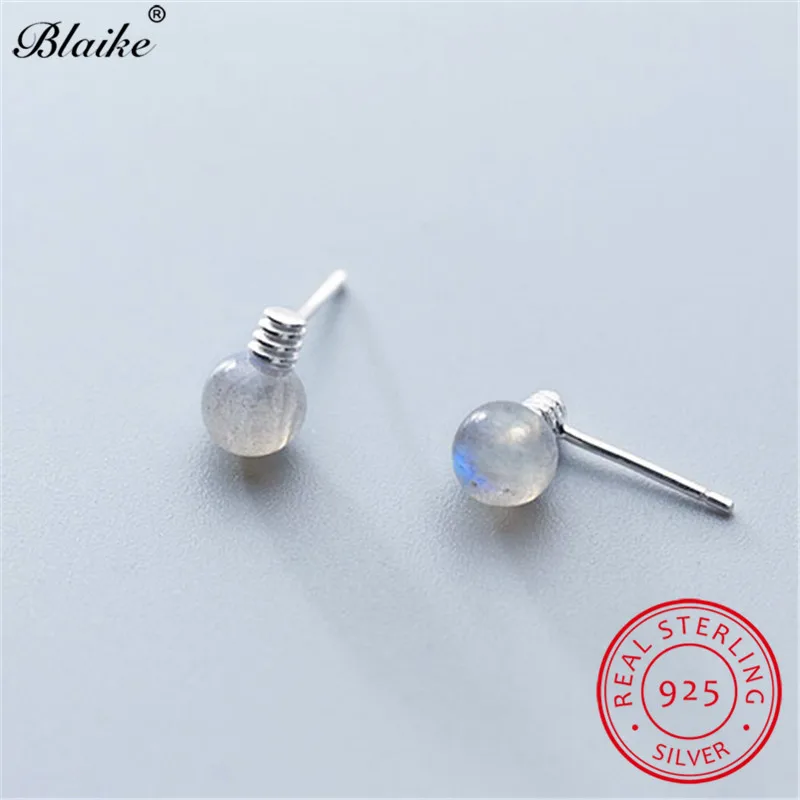 Silver Earrings Серьги из лунного камня из стерлингового серебра 925 пробы для женщин, минималистичные маленькие круглые серьги-гвоздики с лампочками, повседневные серьги со стразами, ювелирные изделия - Цвет камня: Silver Earrings