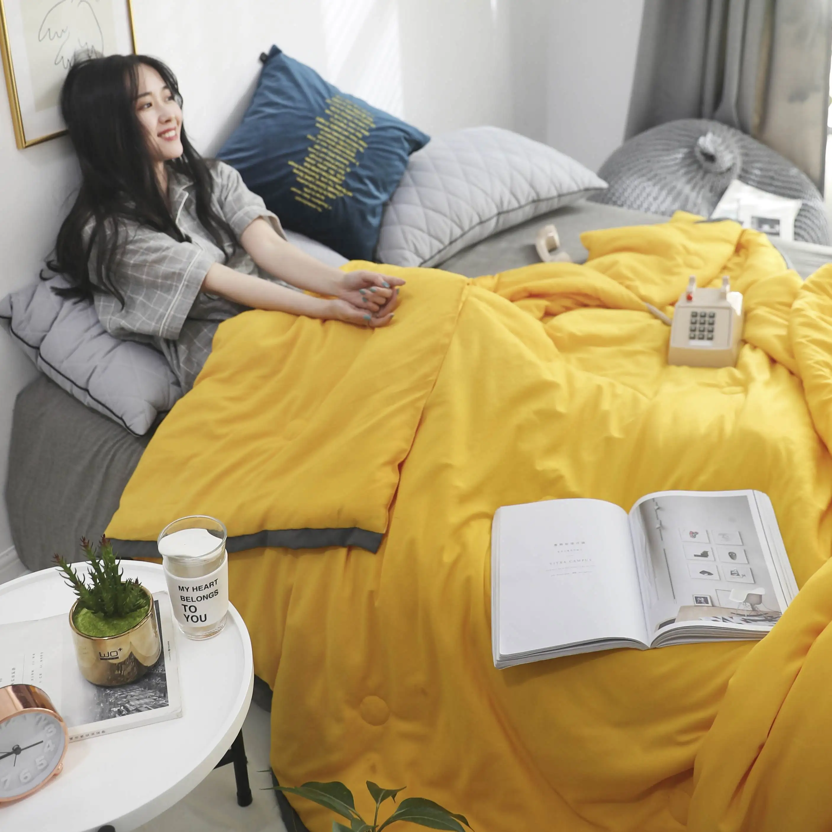 Однотонное желтое покрывало с бантиком бабочкой летнее одеяло стеганое домашний