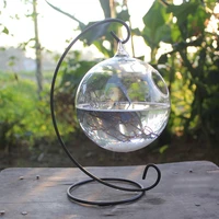 clear round shape hanging glass aquarium fish bowl fish tank flower plant vase home decoration with 28cm height rack holder