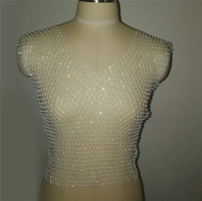 White V-neck FestivalQueen Сексуальная Бриллиантовая сетка обрезанная майка женская летняя накидка бикини Прозрачная сетка со стразами вечерние клубный кроп-топ - Цвет: White V-neck