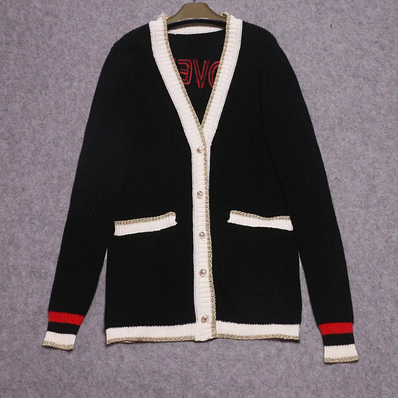 Winter Long knitted Cardigan Women Sweater Cashmere Embroidered Monkey Diamond Pearl Buttons 2018 Spring Black Jumper Knitwear |