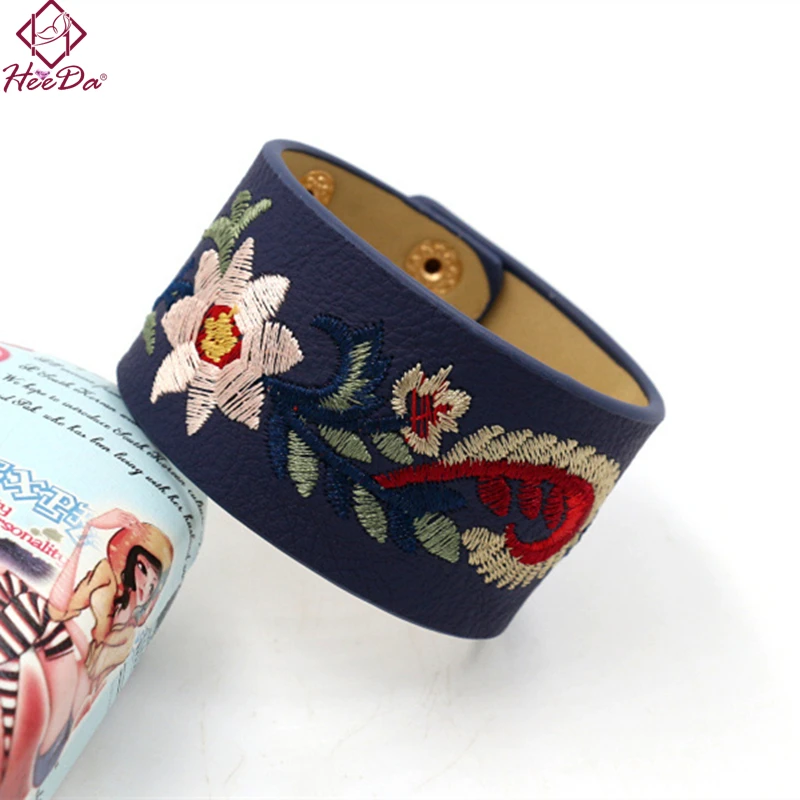 Heeda Japan Korean Spring New Joker Bangle Embroidery Flower Wide PU Leather Bracelet Women Graceful 2019 Bohemia Boho Jewelry | Украшения