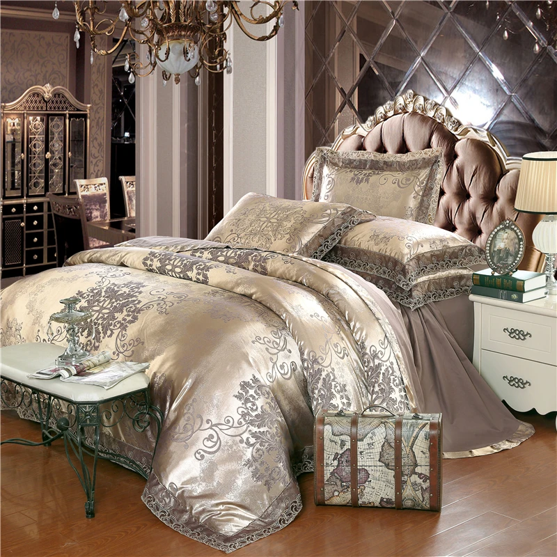 

Gold silver coffee jacquard luxury bedding set queen/king size stain bed set 4pcs cotton silk lace duvet cover bed sheet sets