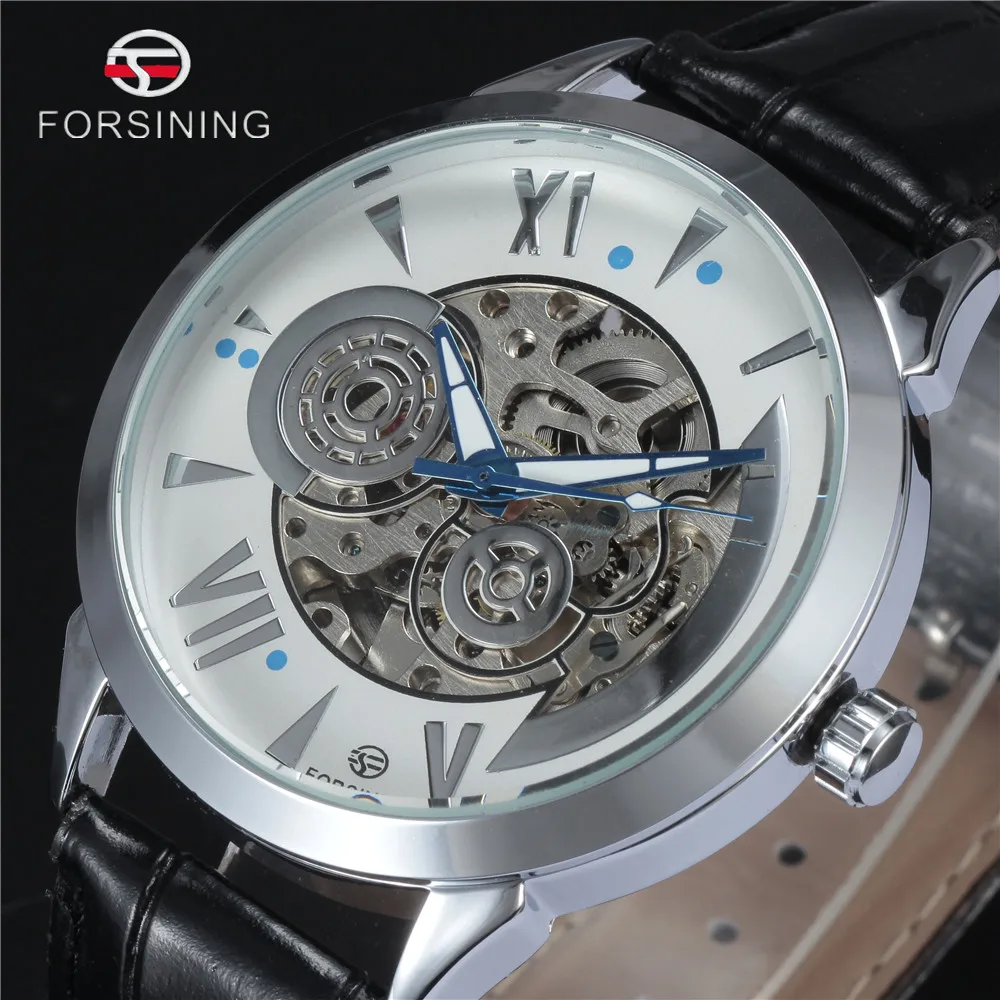 

FORSINING Brand 2016 New Men Automatic Mechanical Wristwatch Luxury Silver Skeleton Watch Black Leather Band Male Dress Clock