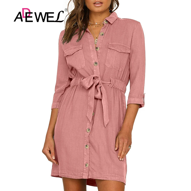 Женское платье-рубашка с поясом ADEWEL черное зеленое розовое платье лето 2019 |