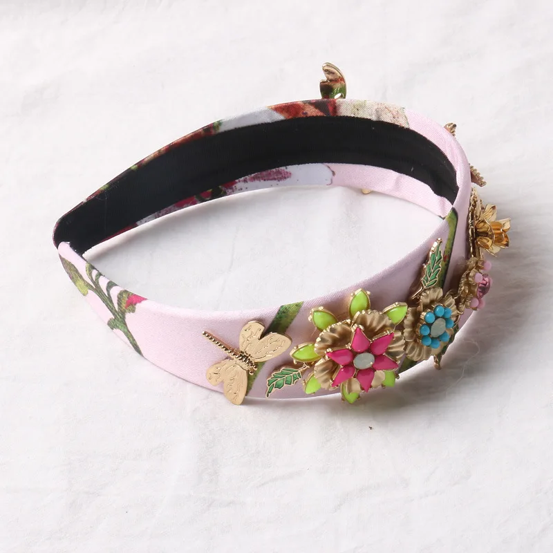 New Vintage Baroque Pink Silk Headbands For Women Resin Flower Gold Starfish Crowns Bridal Hair Ornament Head Jewelry Headpiece | Украшения