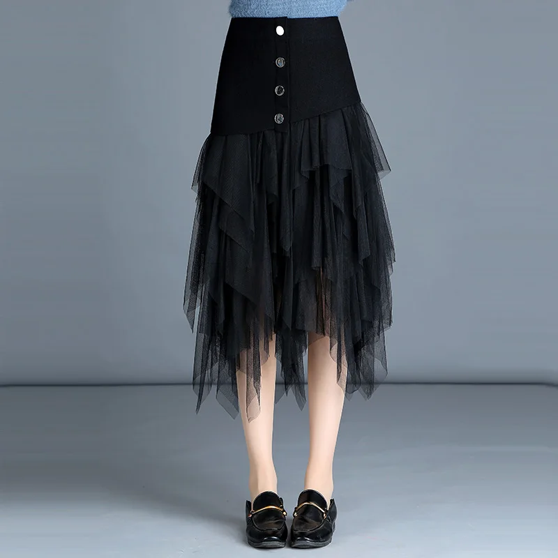 Женская Юбка миди с оборками асимметричная трикотажная юбка трапеция из тюля