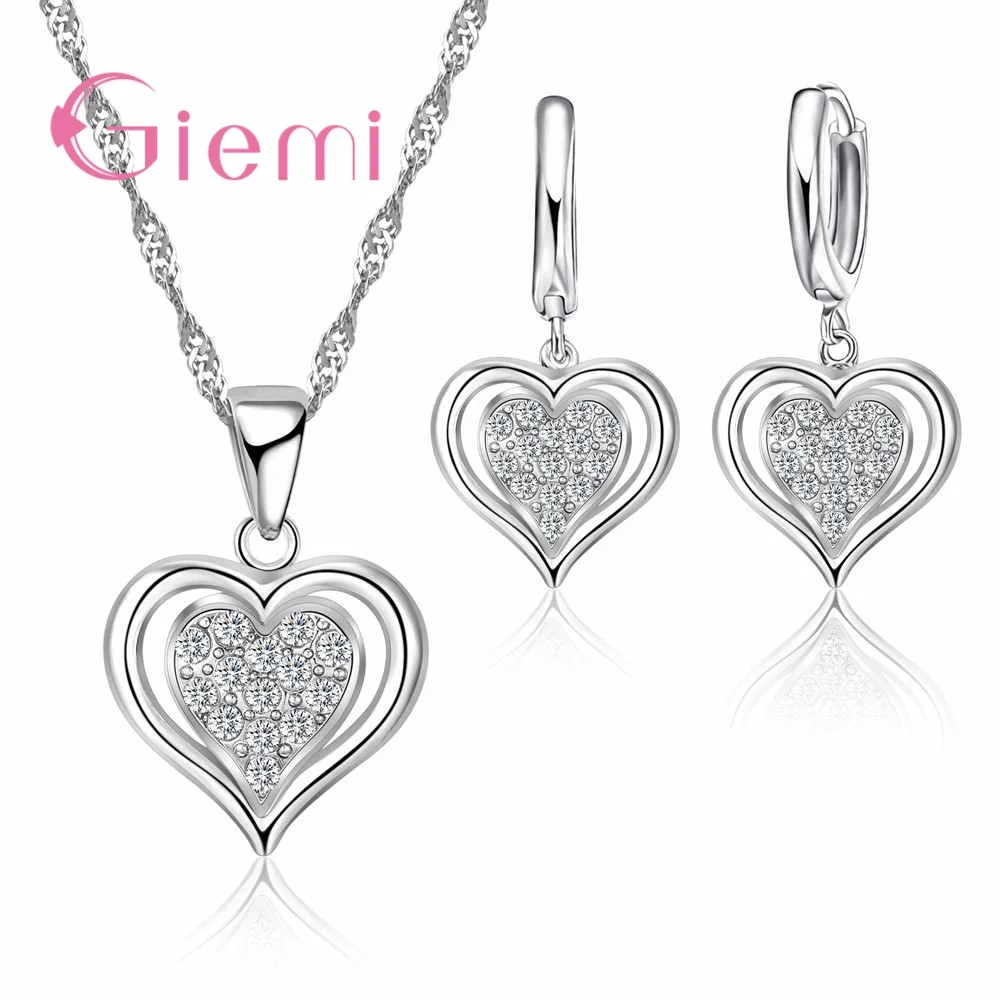 

Romantic Cute Size Heart Shape Necklace Earrings Shopping Matching Clothes Jewelry Set 925 Sterling Silver and CZ