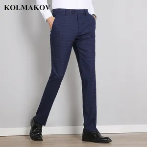 Мужской классический костюм KOLMAKOV, длинные брюки в синюю клетку, облегающие прямые брюки, 2019