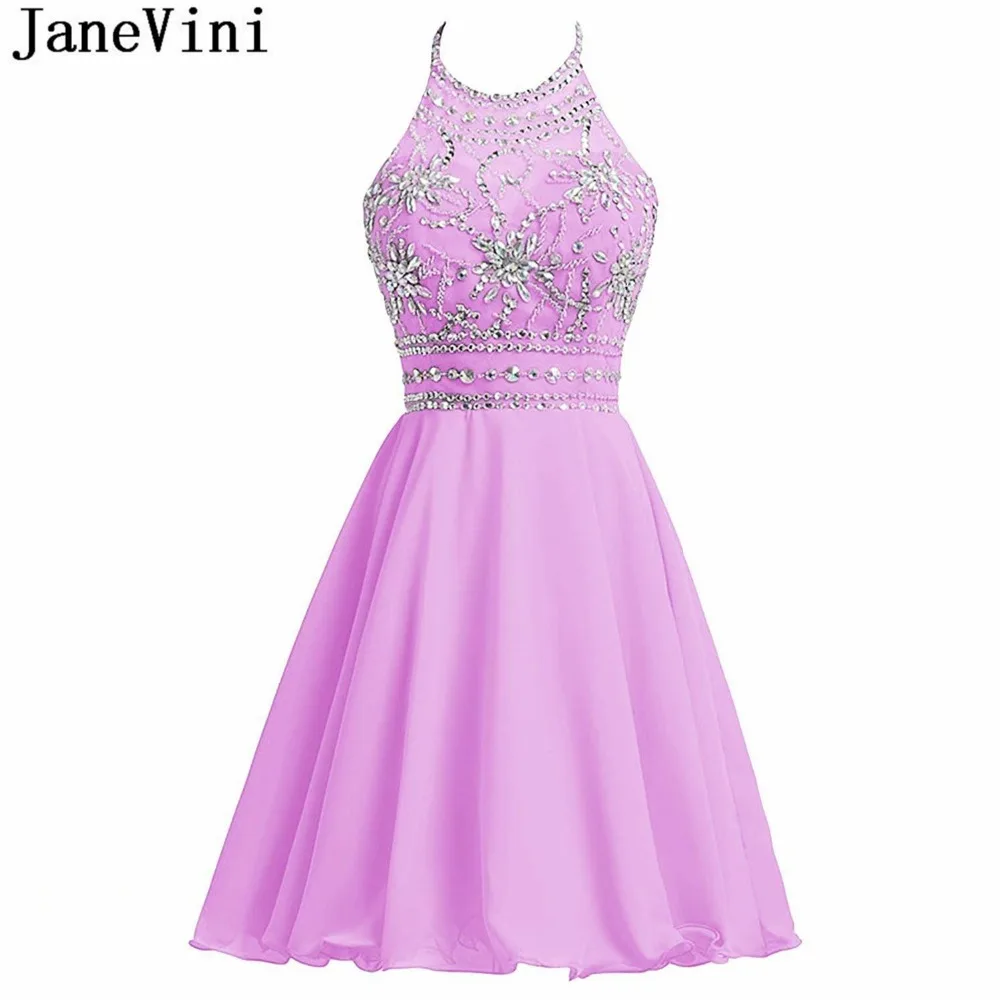 

JaneVini 2018 Short Bridesmaid Dresses with Crystal Beaded A Line Halter Chiffon Backless Lilac Girls Homecoming Formal Gowns
