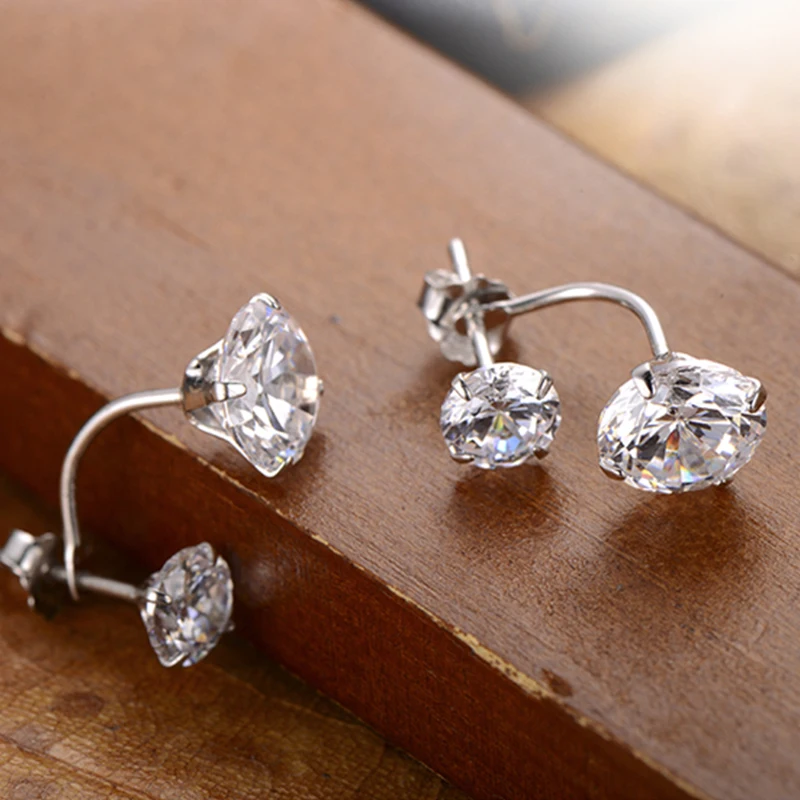 925 Sterling Silver Double Sided AAA Cubic Zirconia Earrings Studs Jewelry for Women (E27-1) | Украшения и аксессуары