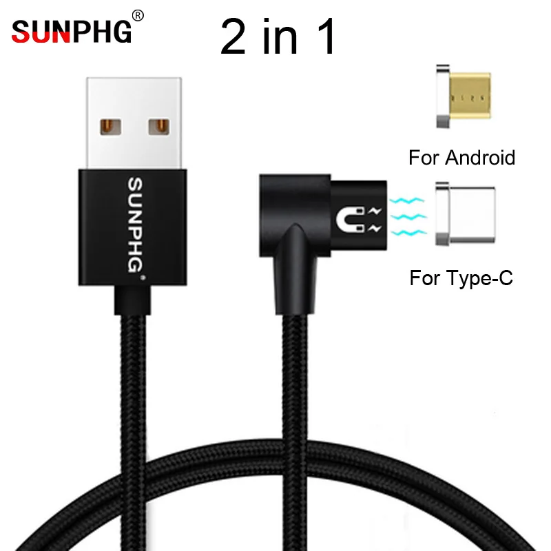 Sunphg Магнитный кабель для зарядки Android Тип C 2 в 1 Магнит данных провод быстрого