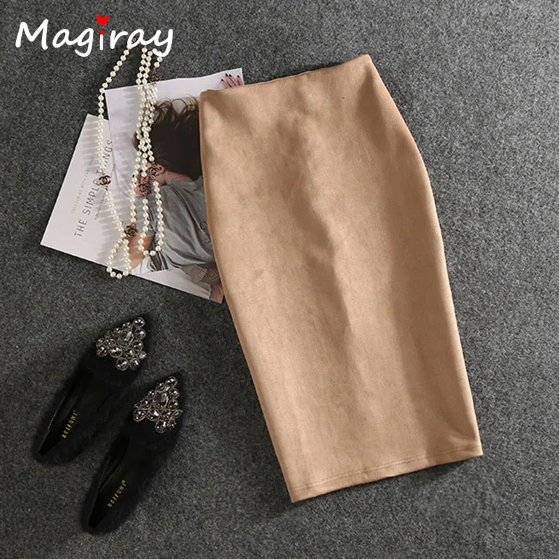 dark beige Magiray Harajuku юбка-карандаш с высокой талией, Женская замшевая Юбка До Колена, осенняя Зимняя юбка, винтажная Сексуальная черная розовая юбка C465 - Цвет: dark beige