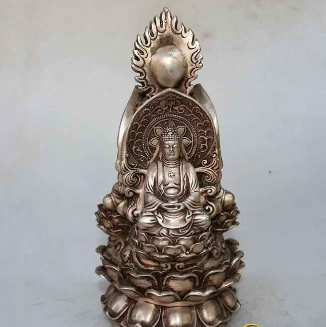 Редкая старая серебряная статуя с резьбой/скульптурные украшения-три священного