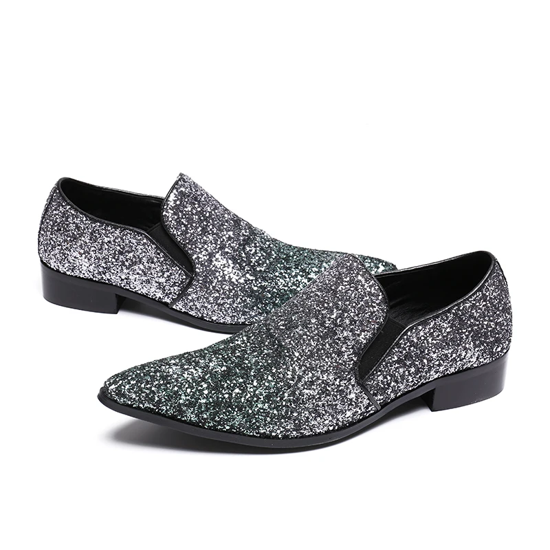 

Mens Dress Shoes Flats Genuine Leather Men's Flats Silver Glistening Glitter Men Loafers Sequins Slippers Shoes