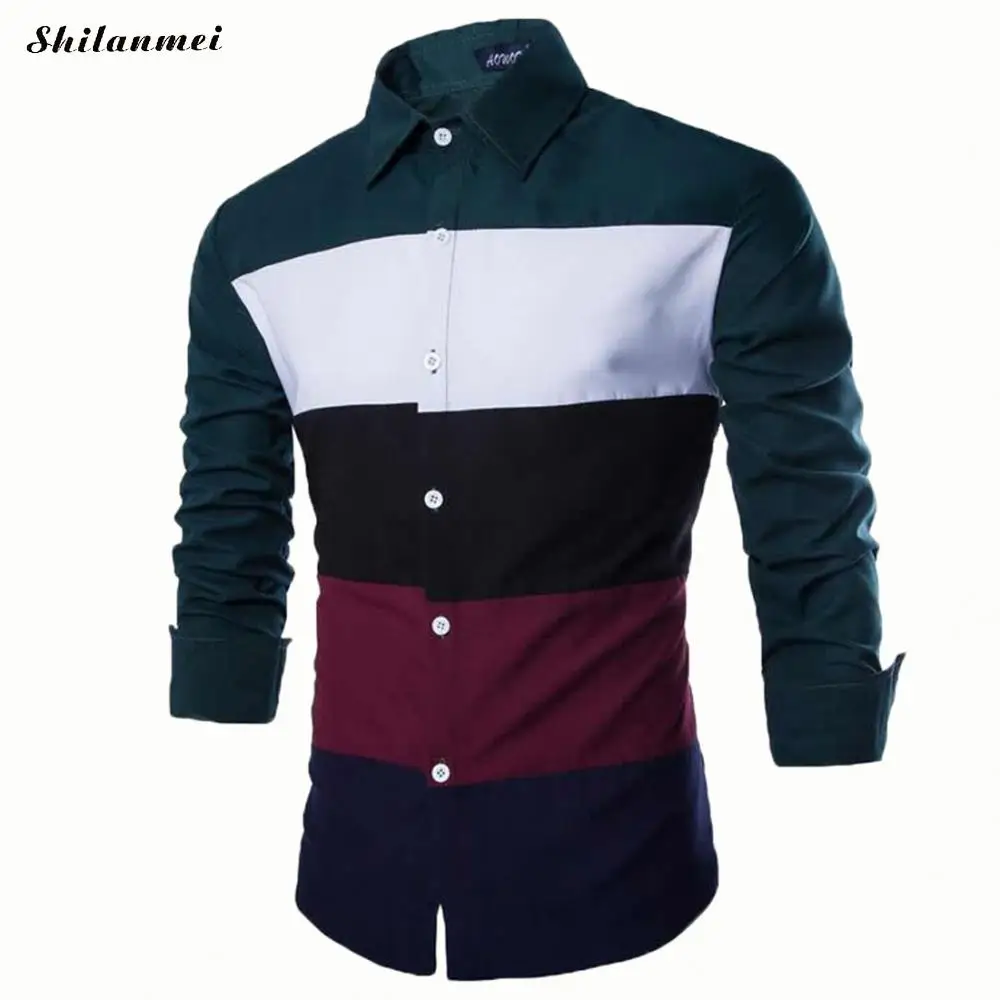 Весна мужской социальной рубашка черный зеленый полосатый с длинным рукавом