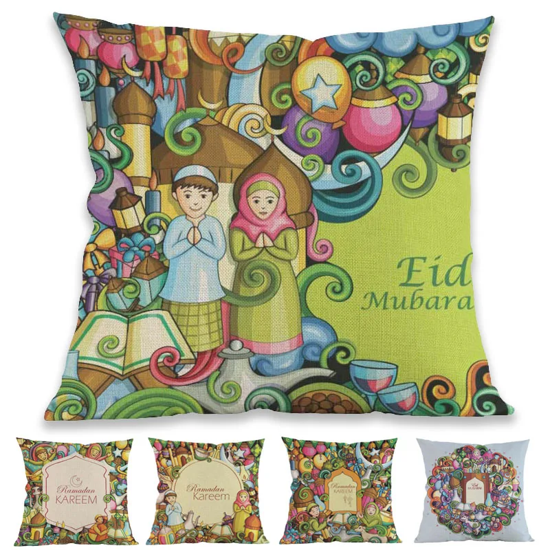 

Islamic Muslim Cartoon Characters Ramadan Kareem Eid Mubarak Throw Pillow Case Home Sofa Festival Decoration Cushion Cover