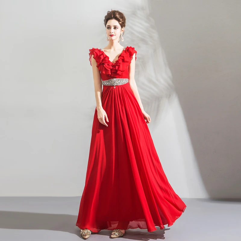 JaneVini Vestidos A Line Mother of Bride Dress V Neck Tiered Ruffles Sequined Crystal Red Chiffon Evening Party Gowns for Women | Свадьбы и