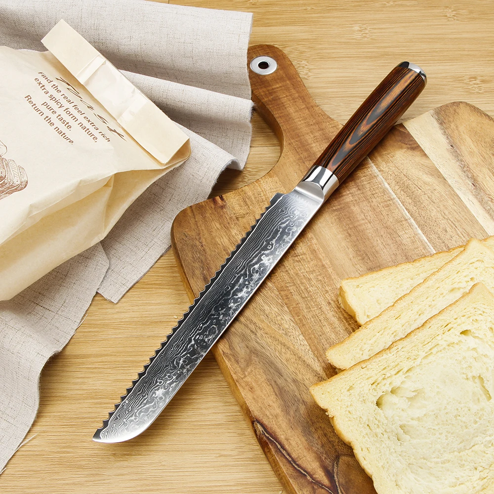 BIGSUNNY Serrated Bread Knife (8-Inch Blade) - Premium Damascus Steel Slicer Cake Great for Home and Pro Use | Дом и сад