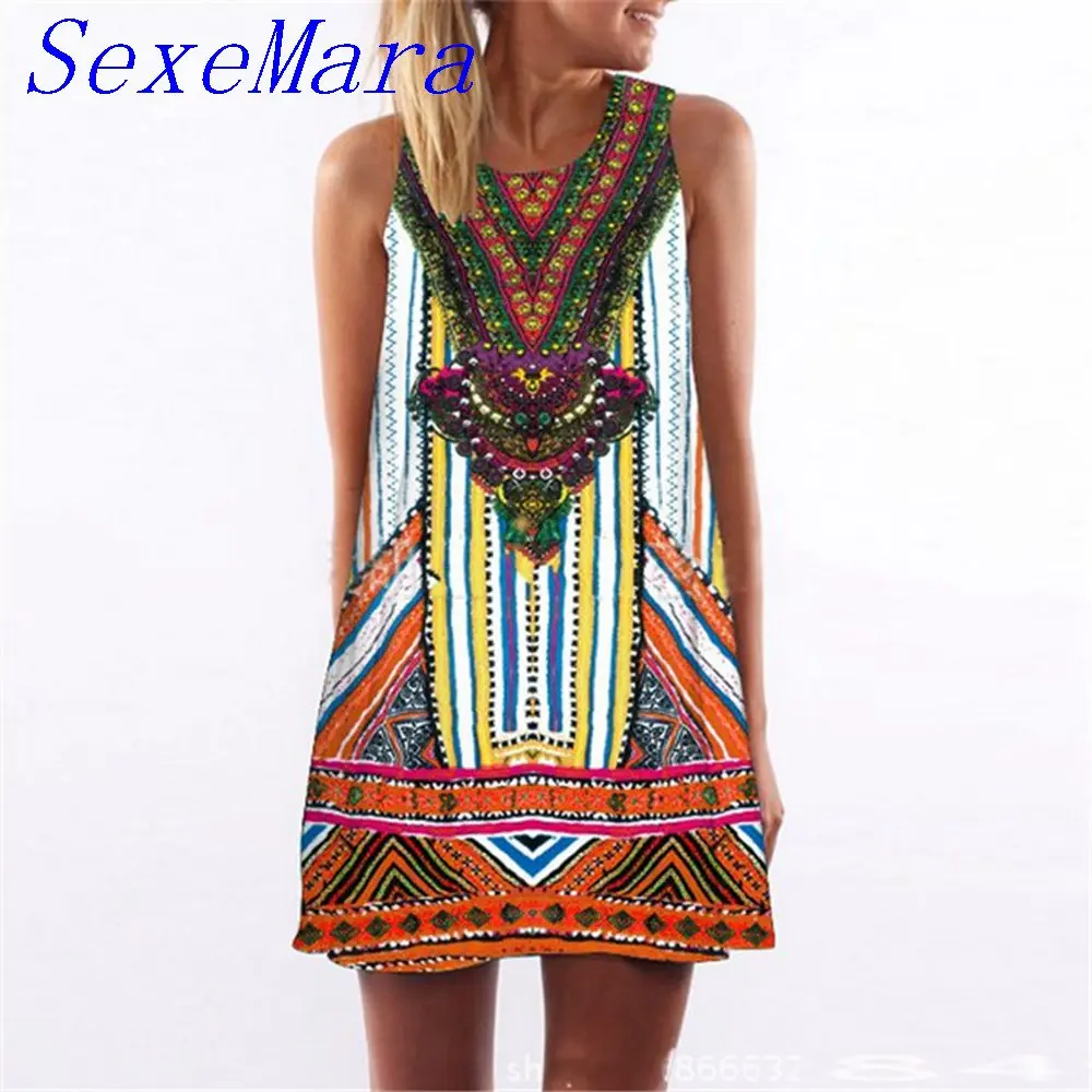 SexeMara Лето Dress Женщины Платья Без Рукавов Цветочные Печатный Мини Party Женский мода