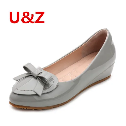 grey cute bow Элегантные офисные женские туфли-лодочки черные/бежевые туфли из лакированной кожи на небольшой танкетке 4 см милые туфли-лодочки с бантиком маленькие размеры 31-40 для студентов - Цвет: grey cute bow